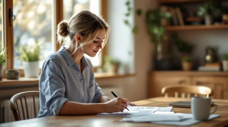 Mann liest Unterlagen zum Aufstiegs-BAfoeg am Tisch in einer bayerischen Wohnung
