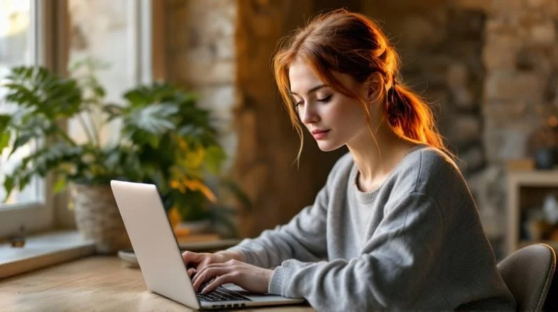 Frau am Laptop in einem hellen Zimmer mit Blick auf Regensburger Altstadt