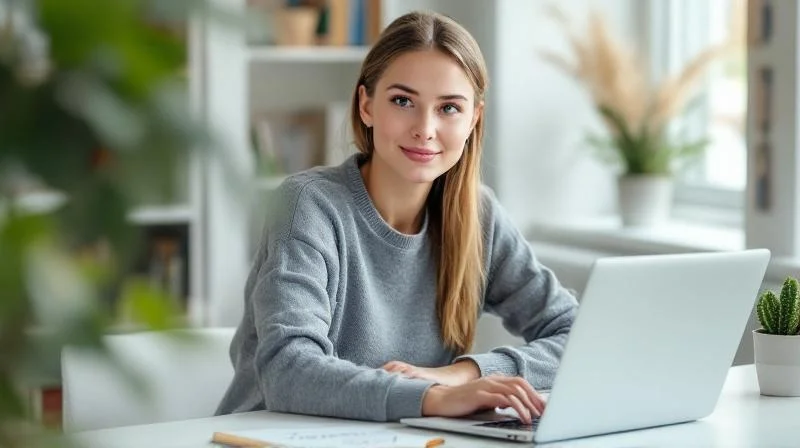 Frau sitzt mit Laptop an einem Holztisch in einem hellen Homeoffice in Regensburg