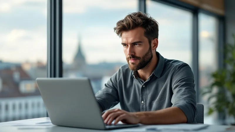 Regensburger Engineering-Mitarbeiter im Bürogebäude beim TechCampus mit Laptop und Konstruktionszeichnungen