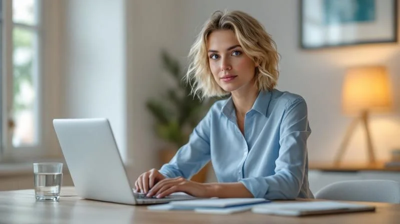 Frau nimmt an einer KI-Weiterbildung per Laptop teil, modern eingerichtetes Zimmer in Regensburg