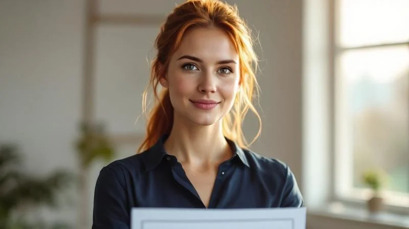 Frau haelt stolz ein Dokument in der Hand, helles Buero mit Holzmoebeln