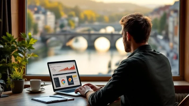 Quereinsteiger arbeitet im Buero in Regensburg mit Blick auf Donau