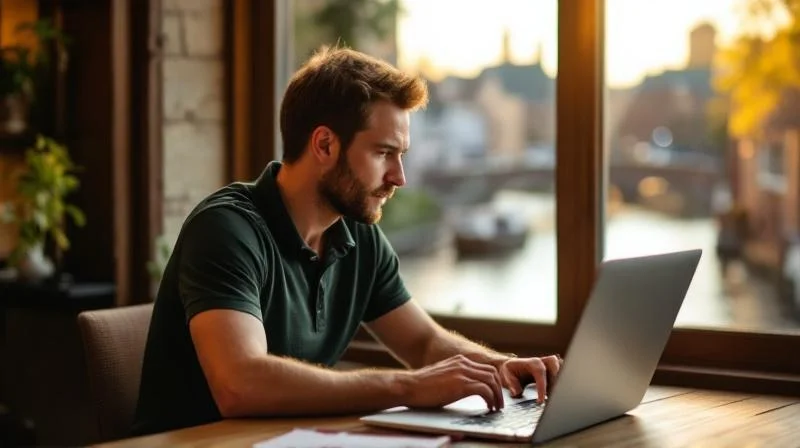Mann lernt am Laptop in einem hellen Raum mit Blick auf die Donau