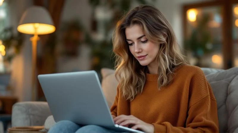 Frau lernt am Laptop in einem hellen Wohnzimmer mit warmem Licht in Regensburg