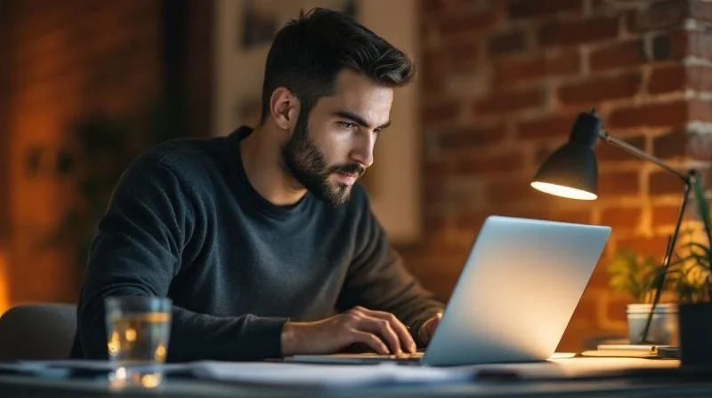 Mann arbeitet abends am Laptop in einem modernen Zimmer in Regensburg